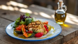 A plated Mediterranean dish being drizzled with EVOO.