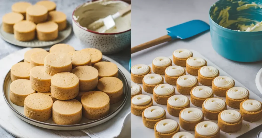 Small, evenly cut cake rounds placed on a cutting board, with a bowl of frosting and a spatula nearby, prepared for layering and decorating.