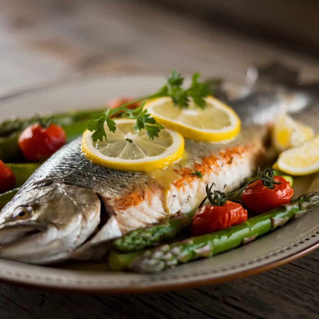 Golden-baked fish fillet drizzled with lemon butter sauce, served with fresh parsley and roasted vegetables.