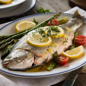 Oven-baked steelhead trout with lemon garlic butter, garnished with parsley