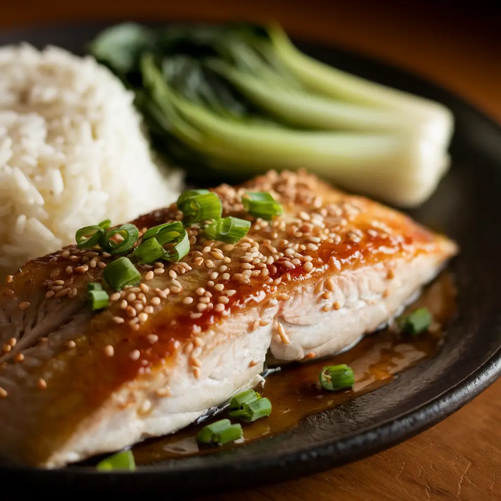 Caramelized fish fillet with a glossy honey glaze, topped with sesame seeds and fresh scallions.