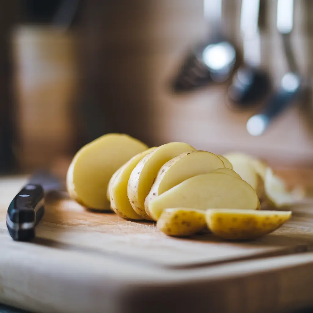 Thinly sliced potatoes on a cutting board, ready for the casserole.