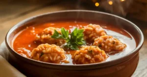 A bowl of Porcupine Soup with rice-filled meatballs in a rich tomato broth, garnished with parsley.