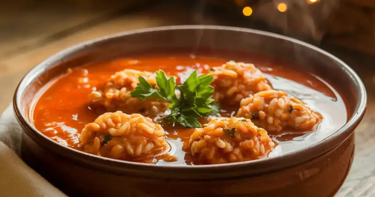 A bowl of Porcupine Soup with rice-filled meatballs in a rich tomato broth, garnished with parsley.