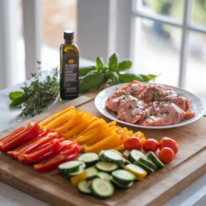 A bottle of EVOO with fresh herbs, garlic, and a small dish of olive oil.