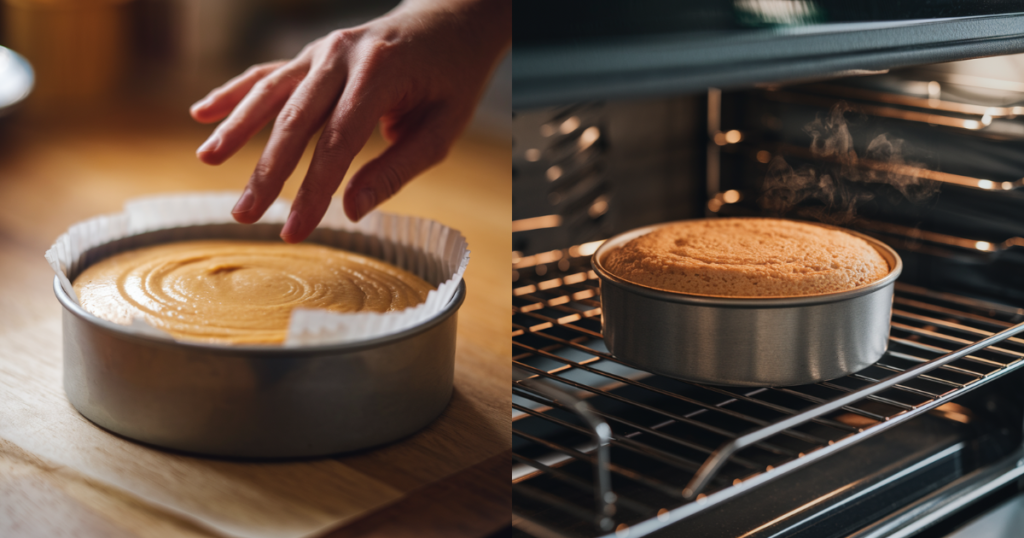 A 4-inch round cake tin lined with parchment paper being filled with smooth, golden cake batter, followed by the cake rising in a warm-lit oven, turning into a soft, golden sponge.