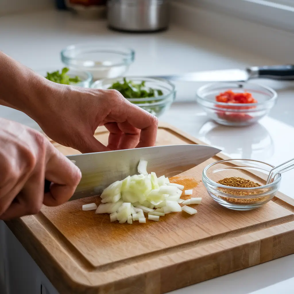 Chopping onions and garlic while preparing ingredients for chicken taco soup.