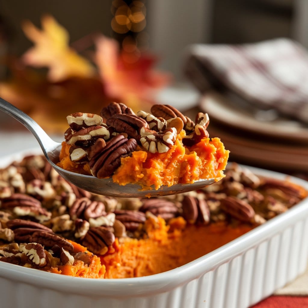A spoonful of sweet potato casserole with creamy filling and crunchy pecan topping.