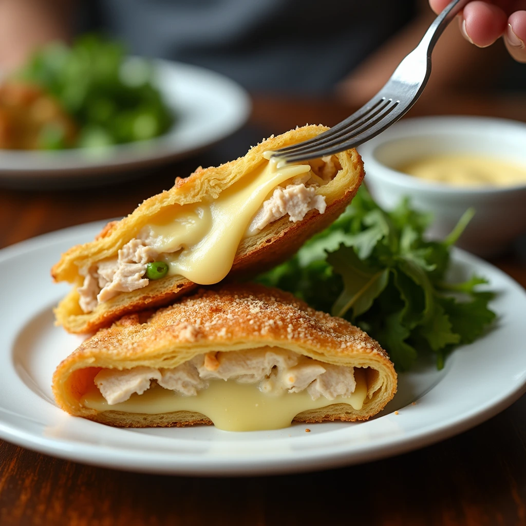 A sliced Chicken and Cheese Jalousie served with salad and dipping sauce.