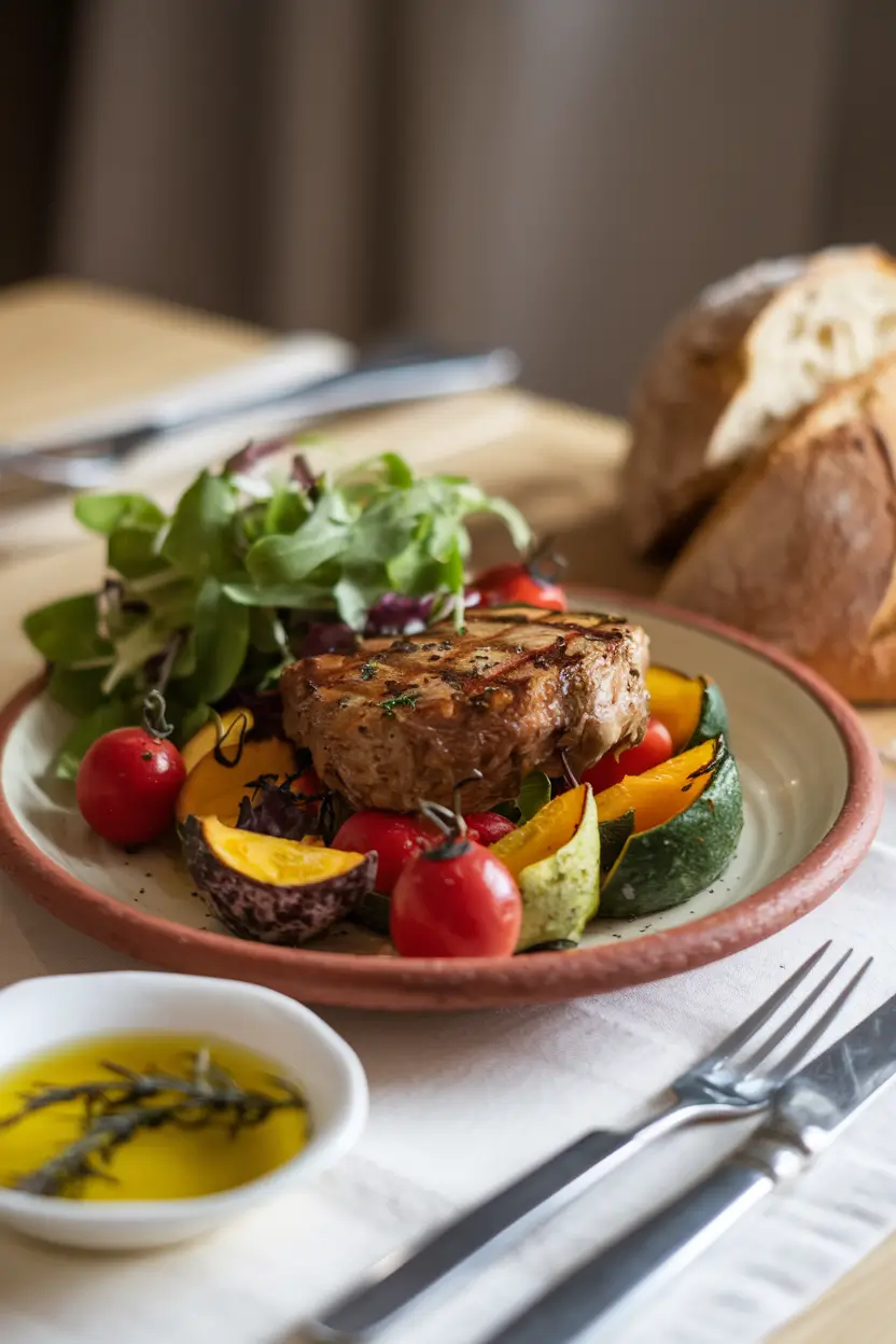 A plated Mediterranean dish with a side salad and infused olive oil.