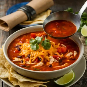 A ladle pouring chicken taco soup into a bowl, garnished with cheese and cilantro.