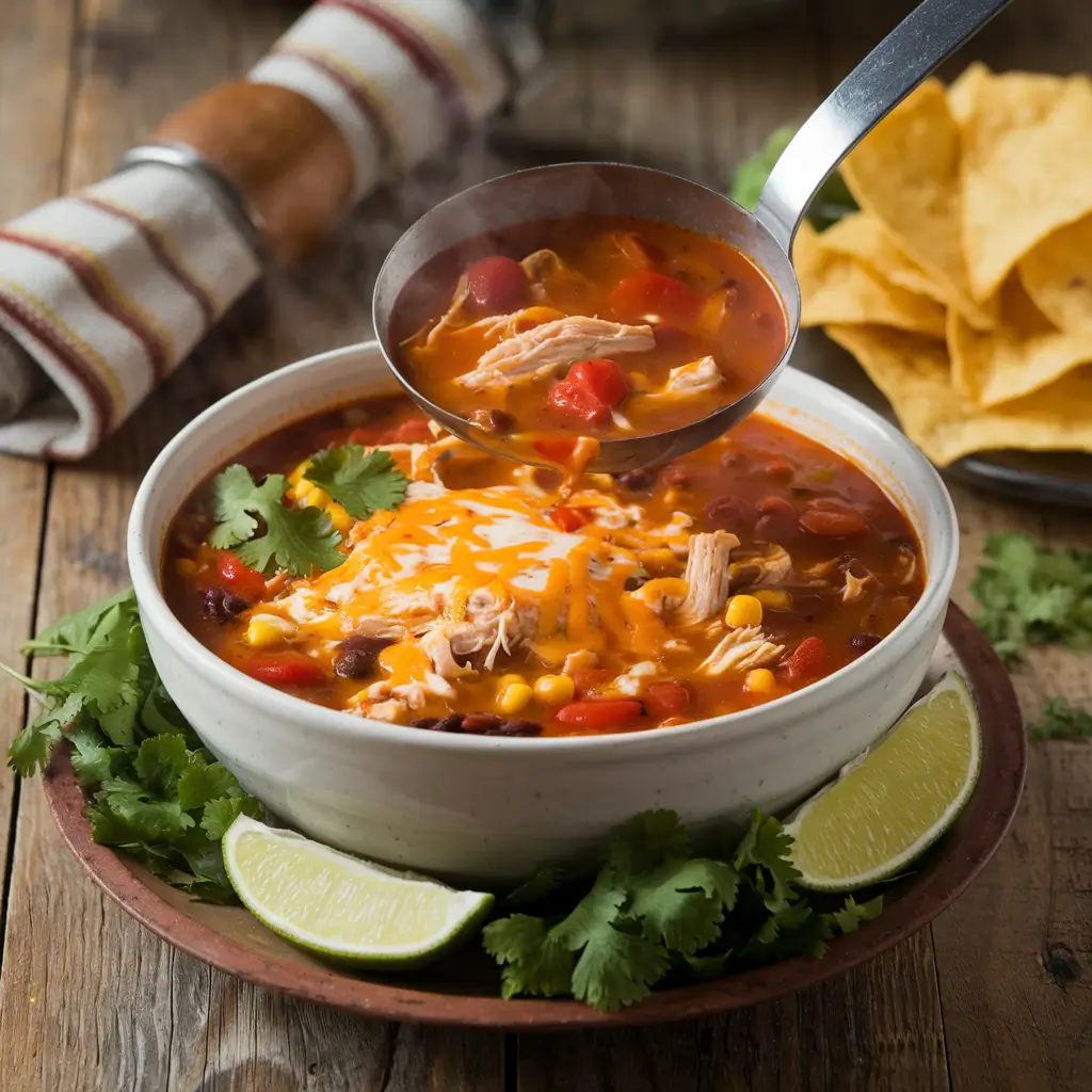 A ladle pouring chicken taco soup into a bowl, garnished with cheese and cilantro.