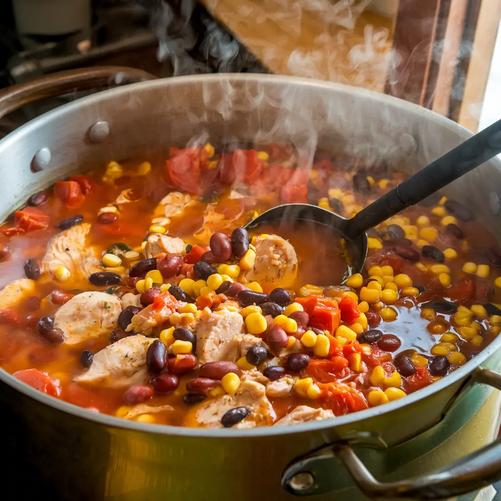 A pot of chicken taco soup simmering with beans, corn, and tomatoes.