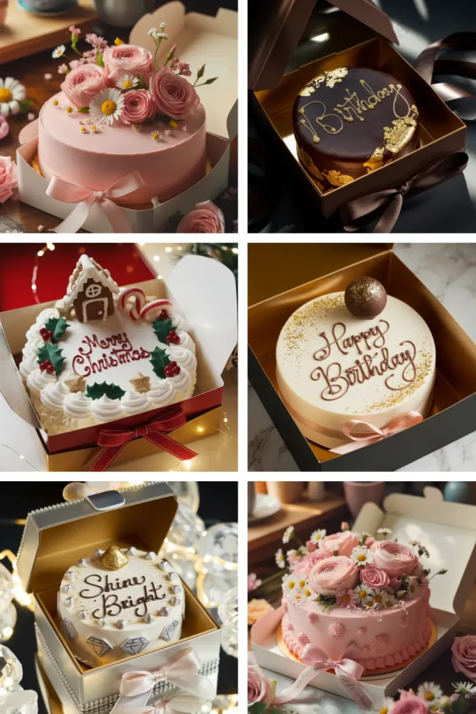 Six beautifully decorated Cakes, each with a unique design, including floral, minimalist, luxury gold, cartoon-themed, festive, and romantic styles.