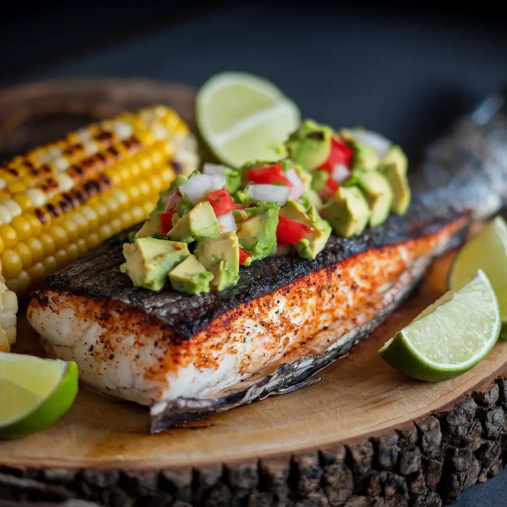 Grilled Cajun-spiced steelhead trout with lime wedges and avocado salsa.