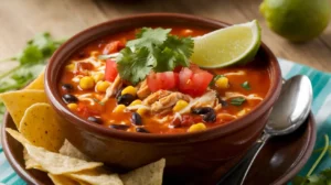 A vibrant bowl of chicken taco soup garnished with cheese, cilantro, and lime