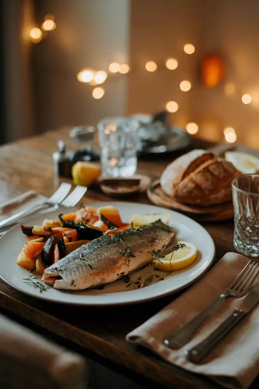 A cozy dinner setup with plated steelhead trout