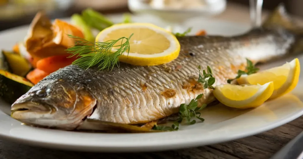 A plated steelhead trout fillet with crispy skin, garnished with lemon and dill.