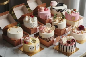 Beautifully decorated mini cakes with frosting designs, gold accents, and floral details, arranged on a marble table in stylish takeout boxes.
