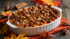 A freshly baked sweet potato casserole with pecan topping in a white baking dish.