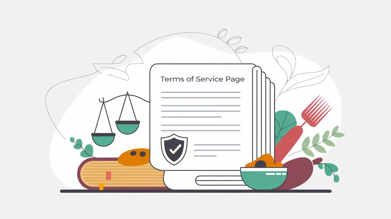 Terms of Service illustration featuring a legal document with a checkmark, symbolizing agreement, compliance, and user protection on ZikoRecipes.com.