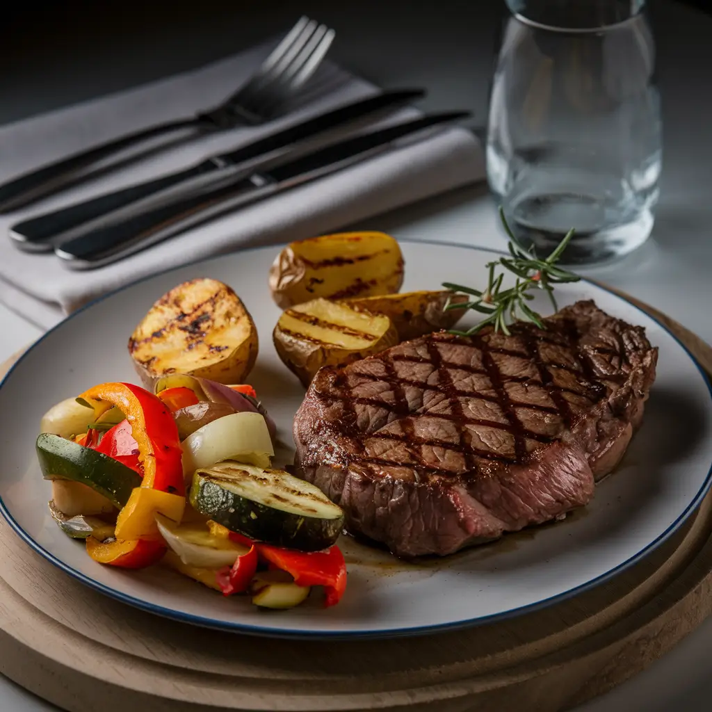 Refined dinner with grilled steak, roasted potatoes, and sautéed vegetables in a cozy atmosphere at home.