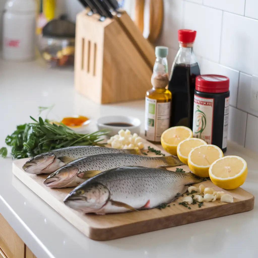 Fresh ingredients for a Steelhead Trout recipe, including vibrant vegetables and seasoning.