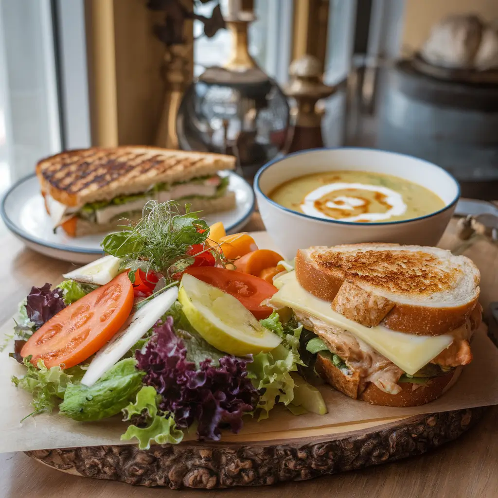 Healthy lunch with fresh salad, grilled chicken sandwich and creamy soup in a cozy café.