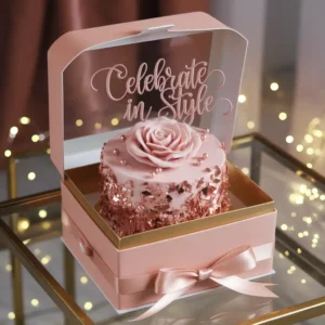 Rose gold-themed Bento Cake with blush pink buttercream, edible gold flakes, metallic pearls, and a fondant rose, placed in a luxury pink and gold takeout box with a satin ribbon.