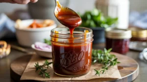 Glossy homemade BBQ sauce in a glass jar with a spoon, styled on a wooden board with herbs.