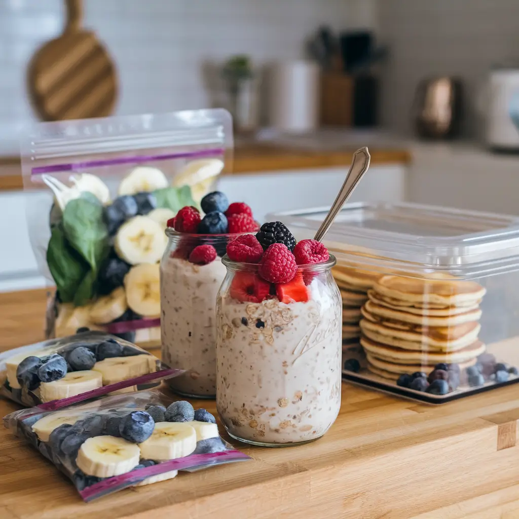 Meal prep for gluten-free dairy-free breakfasts with overnight oats, pancakes, and smoothie packs.