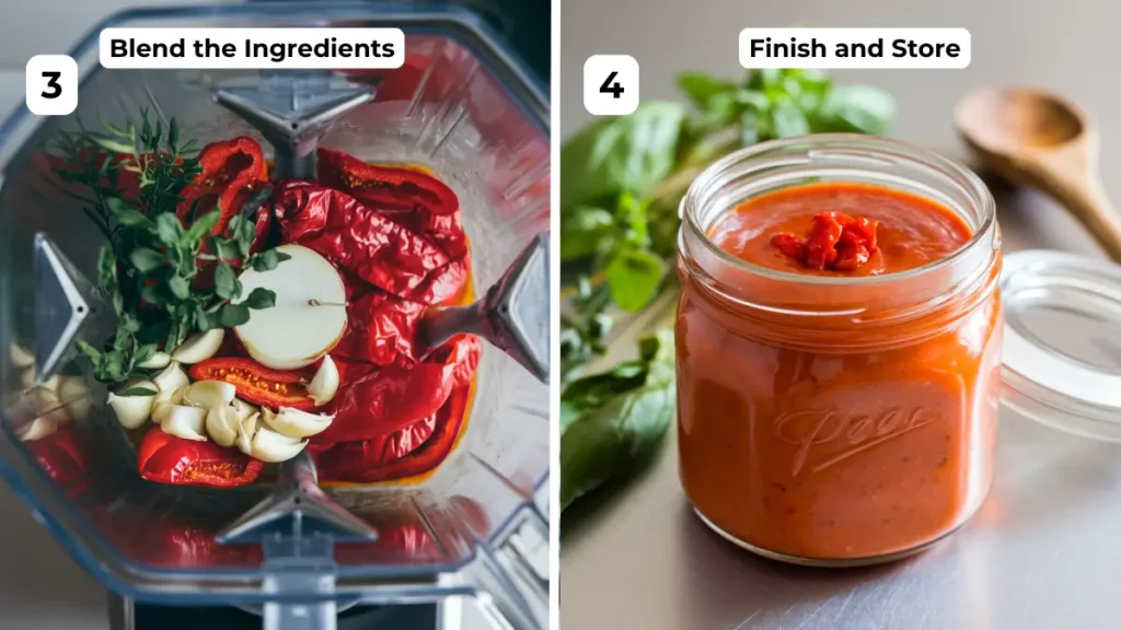 A blender filled with roasted red peppers, sautéed garlic, and onions next to a sterilized glass jar containing the finished red pepper sauce.