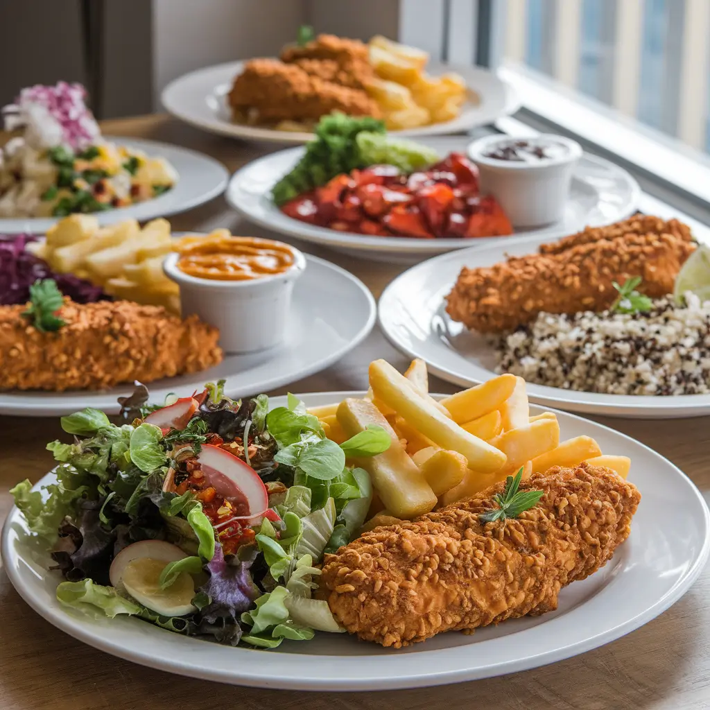 Different plating styles of chicken tenders and fries served with various sides.