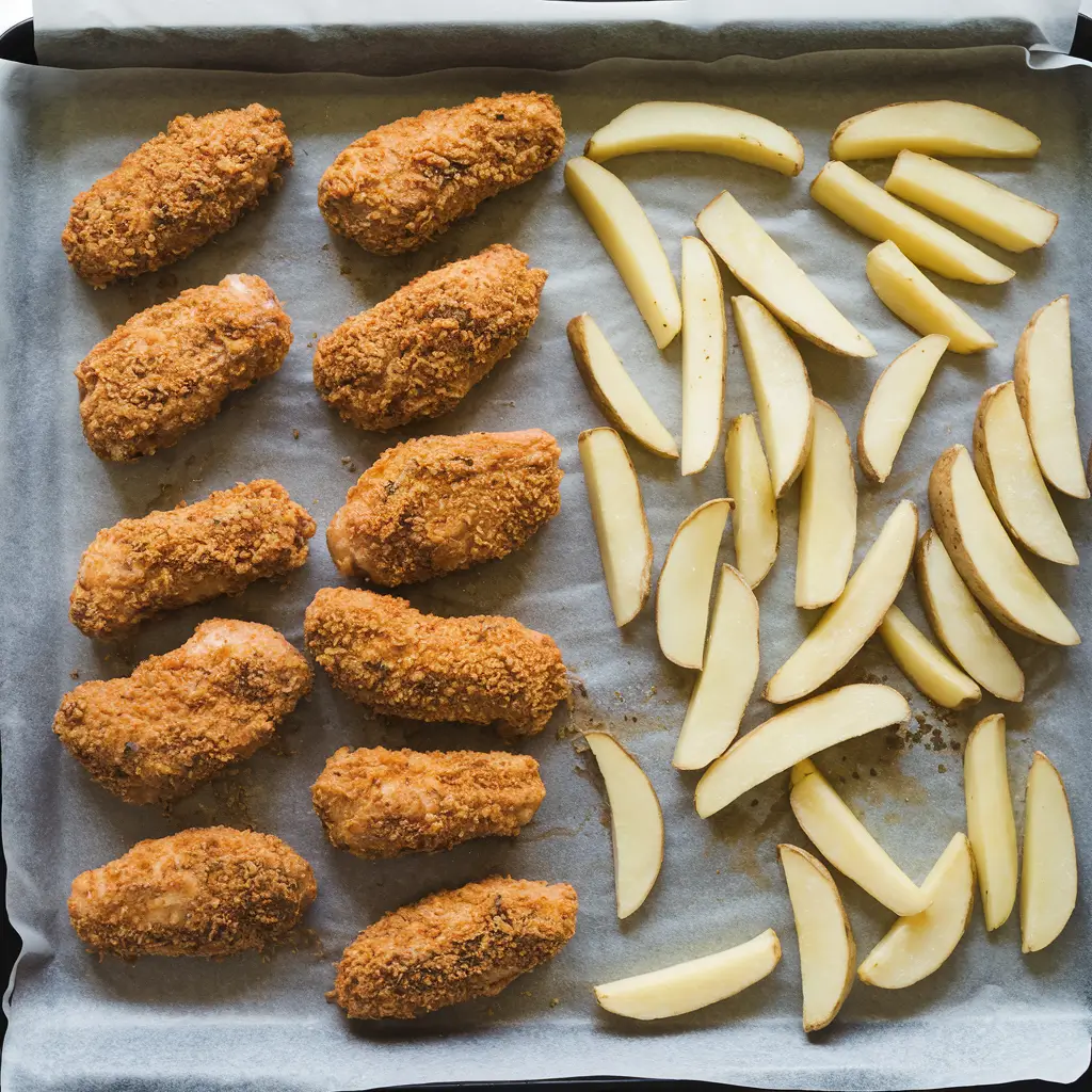 Chicken tenders and fries placed separately on a parchment-lined tray, ready for the oven.