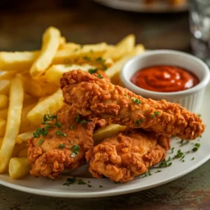 Crispy chicken tenders and oven fries served on a white plate with dipping sauce.