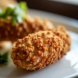 Close-up view of a crispy chicken tender’s golden coating.