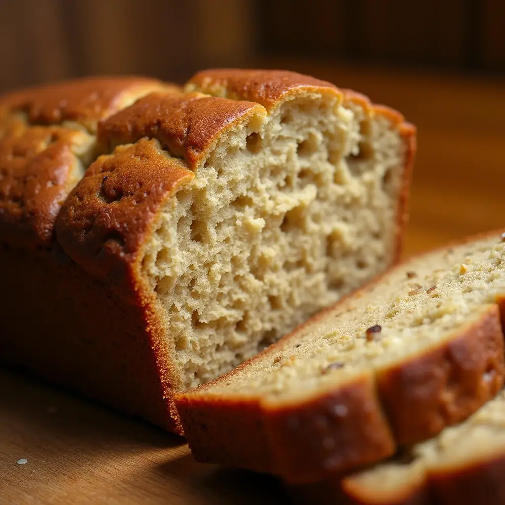 A freshly baked loaf of 4 ingredient banana bread, sliced on a wooden cutting board.