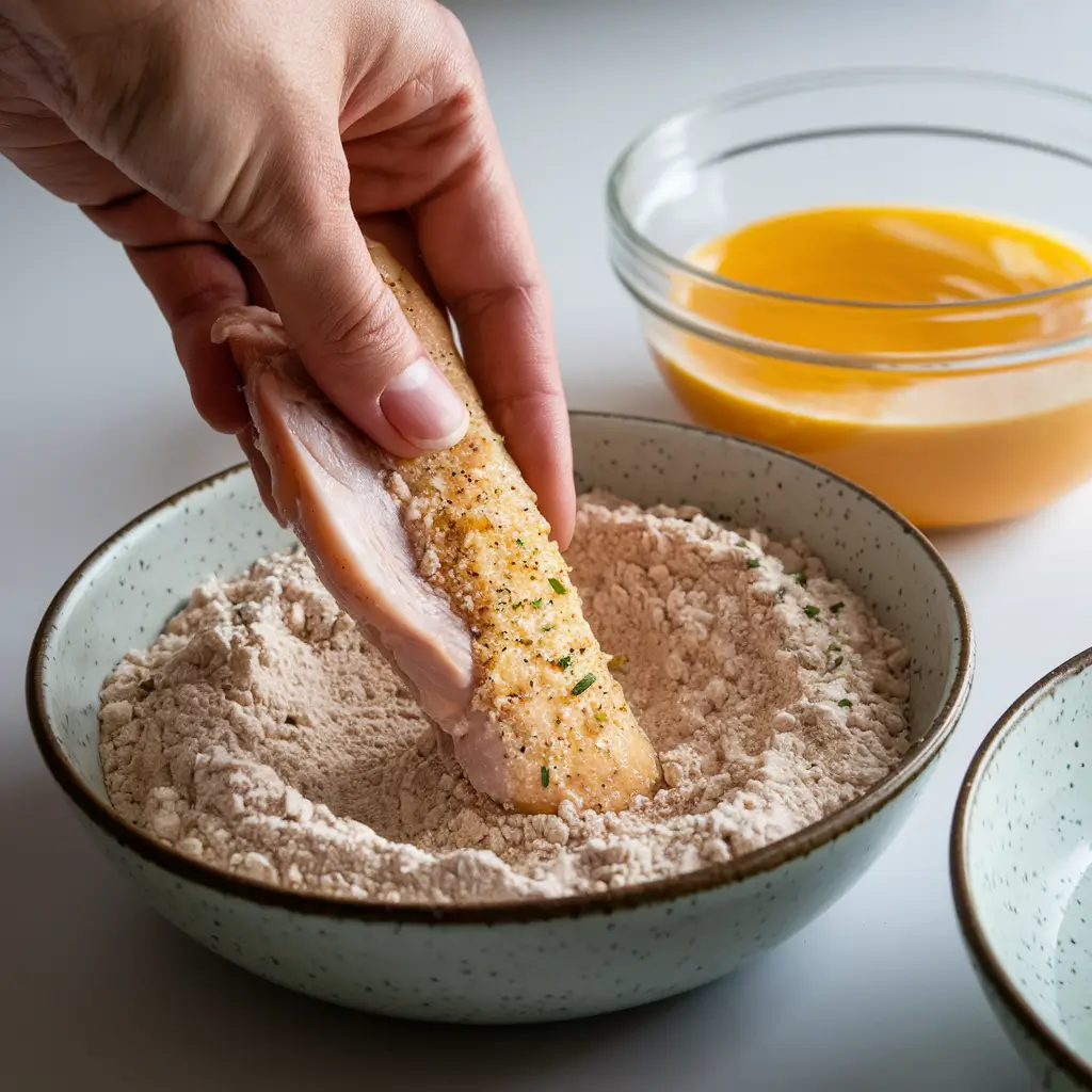 Chicken strip being coated in a seasoned almond flour mix after an egg dip.