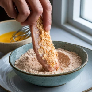 Chicken strip being coated in a seasoned flour mix after an egg dip.