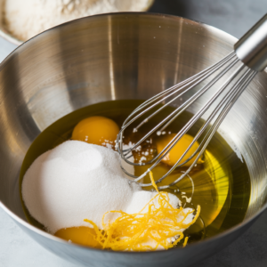 Whisking wet ingredients for the lemon olive oil cake in a mixing bowl.