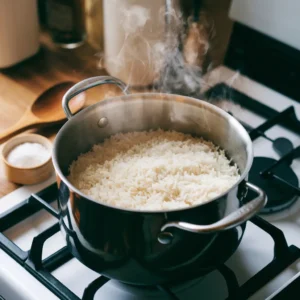 White rice cooking in a pot with steam rising.
