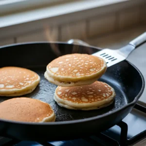 Gluten-free dairy-free pancakes cooking on a skillet, with one being flipped.