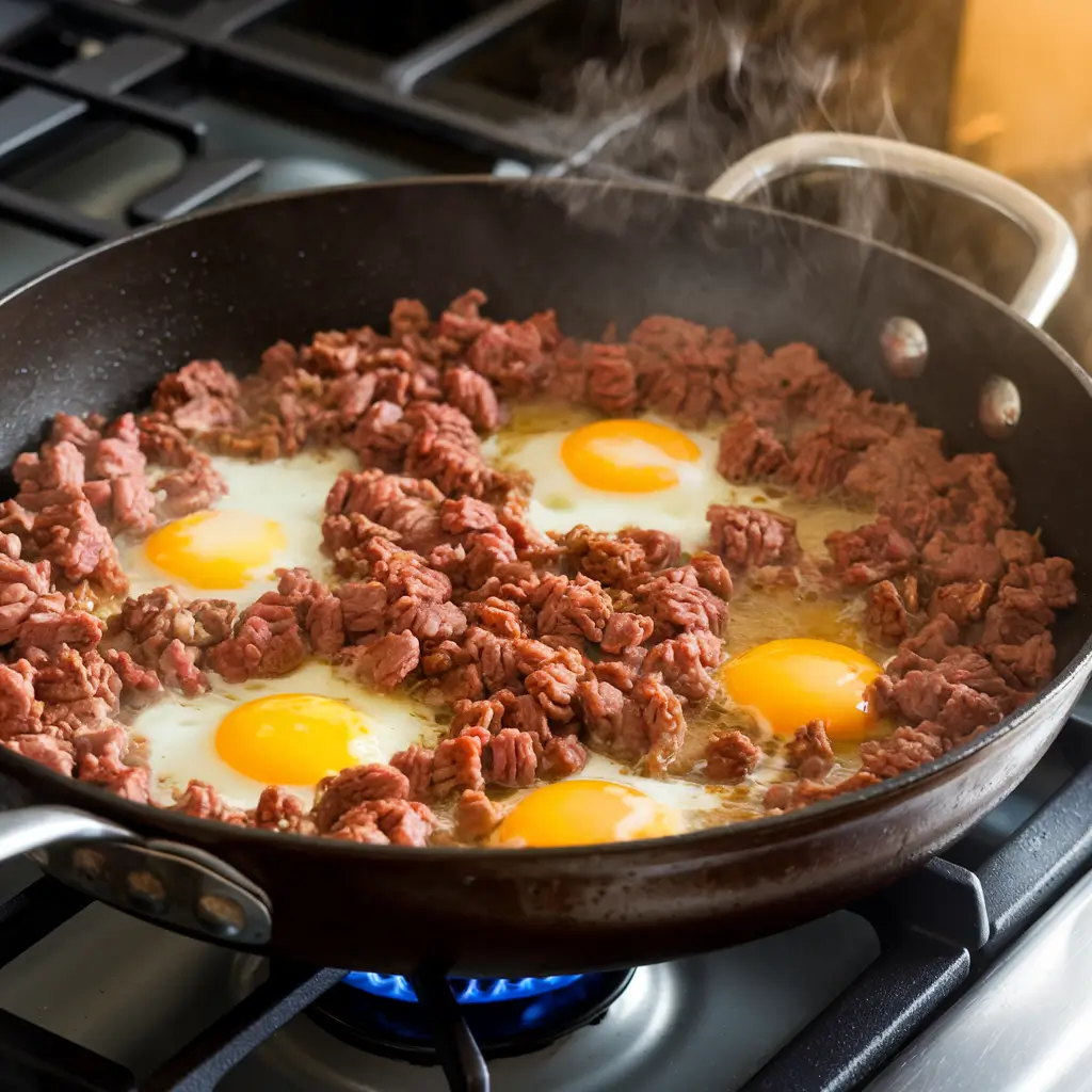 Skillet with sizzling meat and eggs being stirred during cooking.