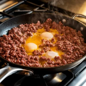 Skillet with sizzling meat and eggs being stirred during cooking.