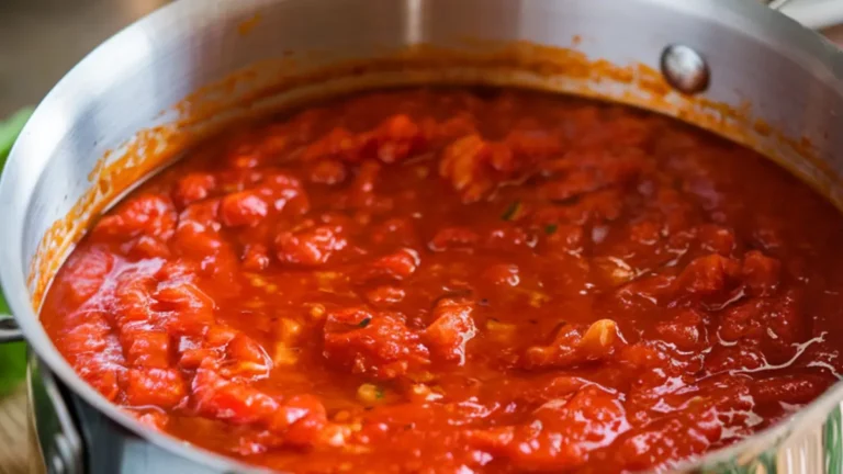 Bowl of creamy roasted red pepper sauce garnished with basil.