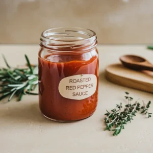 A jar of freshly blended roasted red pepper sauce sealed with a lid, ready for storage.