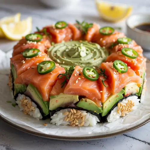 Decorated sushi cake with salmon, avocado, jalapeño slices, and wasabi, served on parchment with lemon wedges.