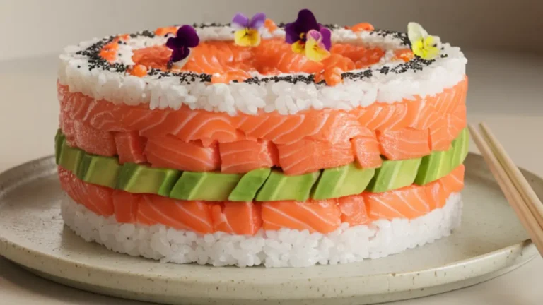 Layered sushi cake with salmon and avocado, garnished with sesame seeds and edible flowers.