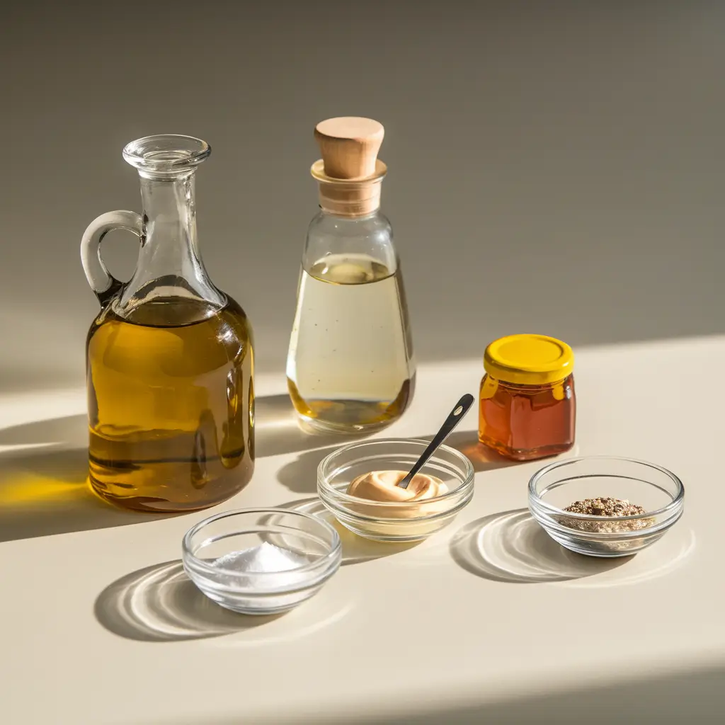 Key ingredients for white balsamic vinaigrette displayed on a wooden surface.