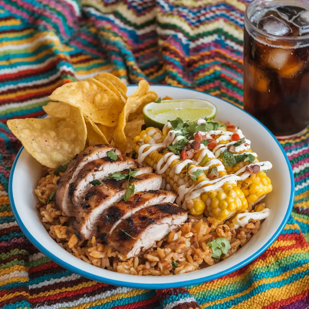 Street corn chicken rice bowl served with tortilla chips and a drink.